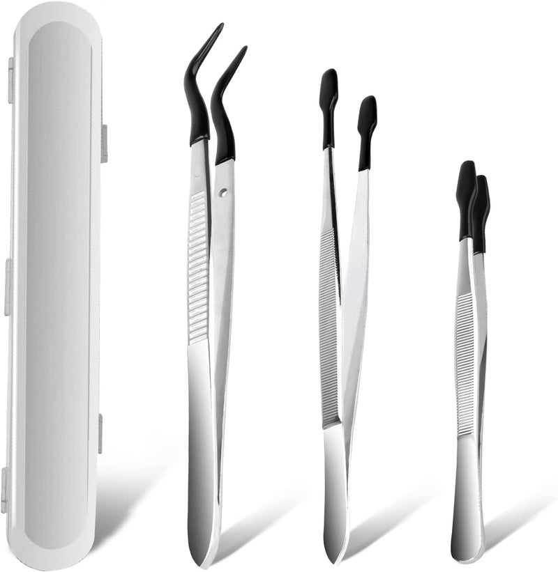Anglekai 3PCS Tip Tweezers, Silicone Rubber Flat Tipped Tweezers Bent Tip for Jewelry Coin Stamp (Black) - Image 1